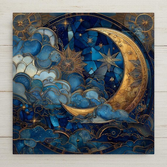 Moon Goddess Ceramic Tile Wall Art - Celestial Crescent Stained Glass Style Mystical Night Sky Home Decor Gift
