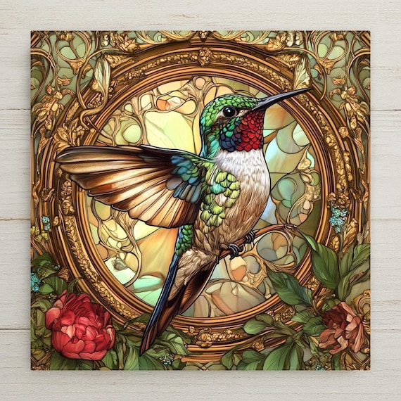 Mucha-Inspired Art Nouveau Hummingbird Ceramic Tile: Floral Trivet Wall Decor for Kitchen or Bathroom