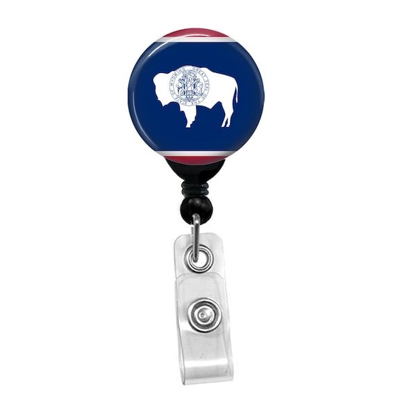 Wyoming State Flag Badge Reel Retractable ID Holder Patriotic Nurse Teacher Gift Bison Design Clip Custom Name Card Work Accessory