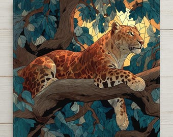 African Leopard in Tree Wall Art Ceramic Tile Stained Glass Style Safari Wildlife Gift Nature Decor Art