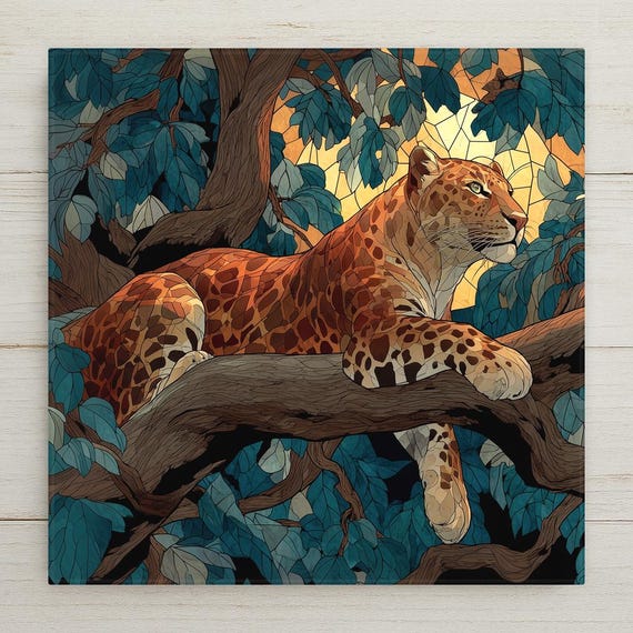African Leopard in Tree Wall Art Ceramic Tile Stained Glass Style Safari Wildlife Gift Nature Decor Art