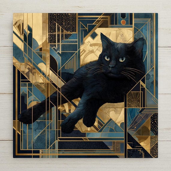 Elegant Art Deco Black Cat Ceramic Tile - Stained Glass Geometric Design for Pet Lovers' Home Decor