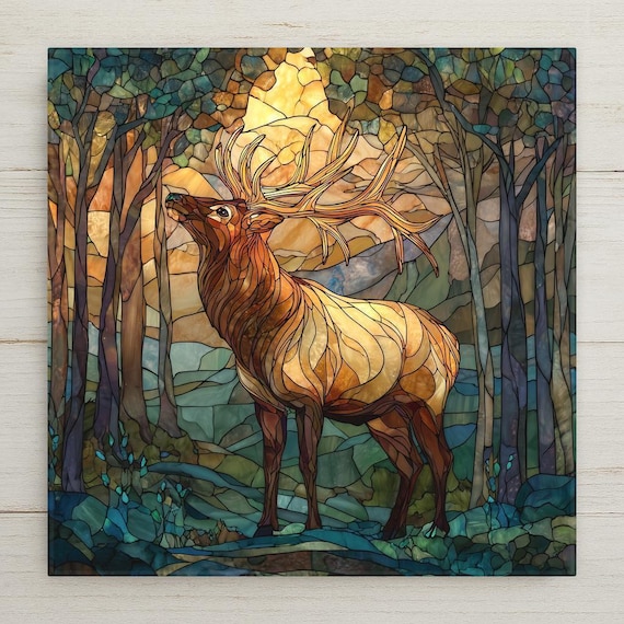 Elk Ceramic Tile Wall Art - Stained Glass Wildlife Decor, Rustic Cabin Nature Home Artwork Gift
