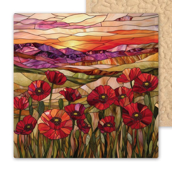 Vibrant Red Poppy Sunset Ceramic Tile - Stained Glass Landscape Wall Art for Nature Lovers
