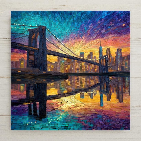 Brooklyn Bridge Wall Art Ceramic Tile: NYC Skyline Sunset Home Decor - Stained Glass Style