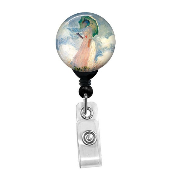 Woman With a Parasol Badge Reel – Monet Impressionist Art ID Holder for Nurse Teacher Office – Classic Painting Work Gift