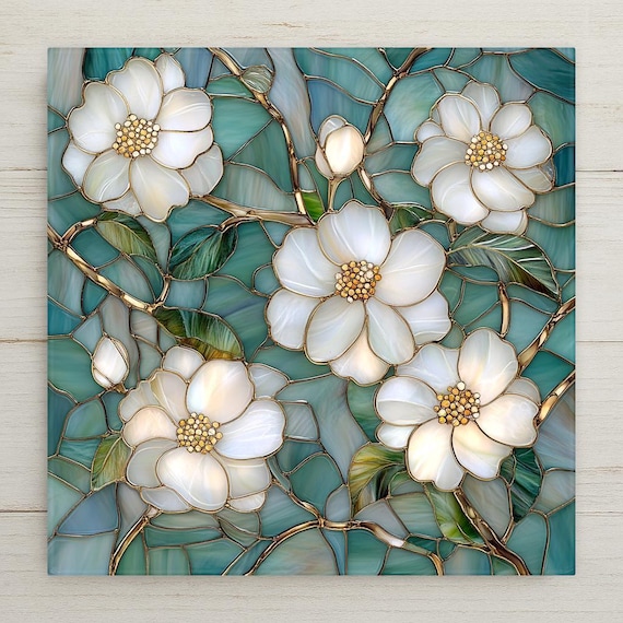 Art Nouveau Cherry Blossom Ceramic Tile: Teal Floral Wall Decor