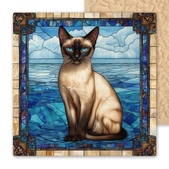 Siamese Cat Ceramic Tile Wall Art – Stained Glass Look Cat Decor, Cat Lovers Gift, Elegant Feline Trivet, Blue Coastal Home Accent