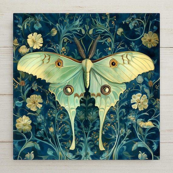 Luna Moth Wall Art Ceramic Tile William Morris Style Moth Lover Gift Botanical Decor Cottagecore Art Nature Gift Tile