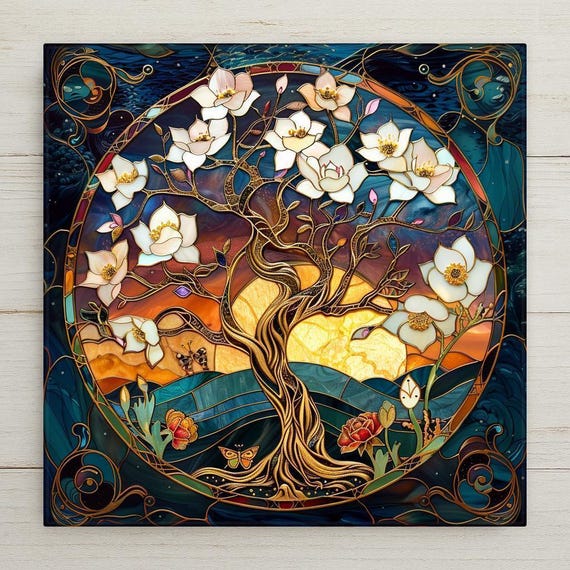 Art Nouveau Tree of Life Ceramic Tile: Sunset Stained Glass Style