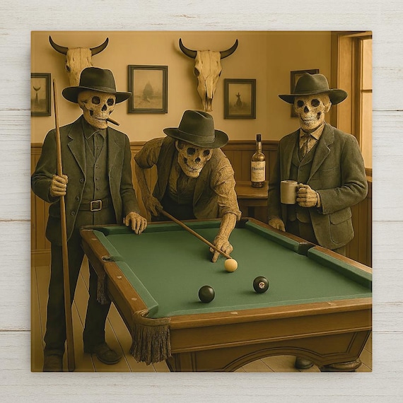 Macabre Skeleton Cowboys Pool Game Ceramic Tile - Weirdcore Western Gothic Saloon Decor
