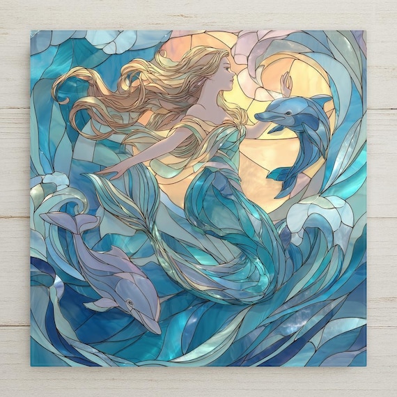Ocean Goddess Ceramic Tile Wall Art – Mermaid Sea Goddess with Dolphins, Stained Glass Style Coastal Wall Decor