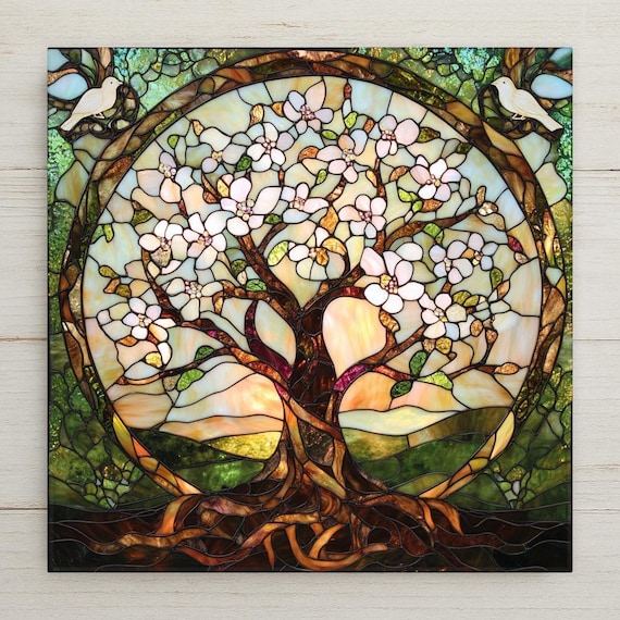 Tree of Life Ceramic Tile: Art Nouveau Spring Blossoms Wall Decor