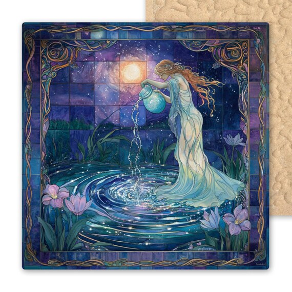 Aquarius Zodiac Ceramic Tile: Stained Glass Wall Art, Astrology Decor, Water Bearer Birthday Gift