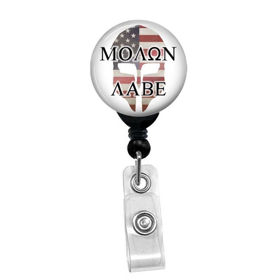 Molon Labe Badge Reel – Spartan Helmet USA Flag ID Holder – Second Amendment Retractable Clip for Nurses Veterans and Patriots