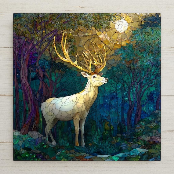 White Stag Ceramic Tile Wall Art – Stained Glass Forest Design, Nature Home Decor, Woodland Wall Decor Gift for Wildlife Lovers