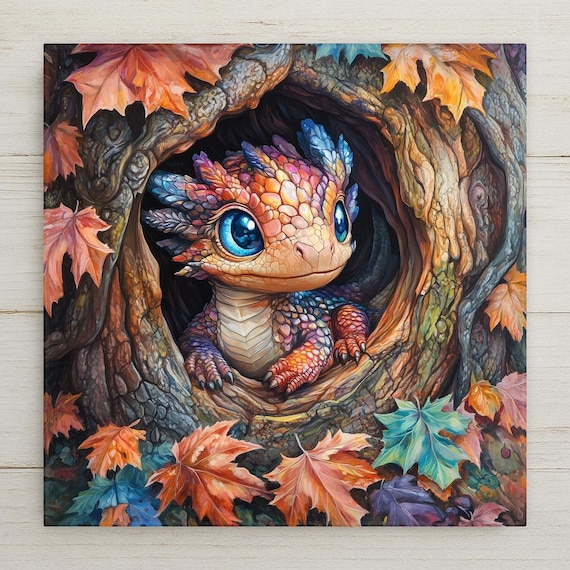 Whimsical Autumn Baby Dragon Ceramic Tile Art - Fantasy Woodland Creature Wall Decor for Nursery