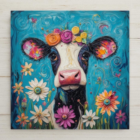 Floral Cow Ceramic Tile Art: Whimsical Farmhouse Decor
