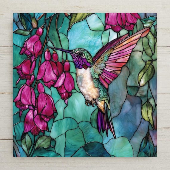 Hummingbird Ceramic Tile Art: Stained Glass Style Spring Decor
