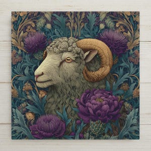 May include: A square wall art print featuring a detailed illustration of a ram with large, curved tan horns. The ram is surrounded by deep purple flowers and intricate teal and gold foliage patterns, creating a dense, symmetrical botanical background.