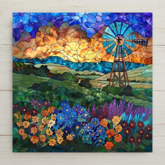 Hill Country Windmill Ceramic Tile: Stained Glass Texas Landscape Wall Art for Rustic Farmhouse Decor
