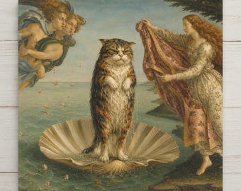 Könnte beinhalten: Ein quadratischer Leinwanddruck, der eine Parodie der Geburt der Venus zeigt. Eine nasse, braune getigerte Katze steht aufrecht in einer großen Jakobsmuschel auf dem Meer. Links schweben zwei geflügelte Figuren, rechts hält eine Person einen gemusterten Stoff.