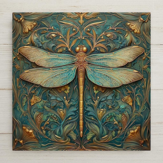 Art Nouveau Dragonfly Ceramic Tile Wall Art – Gold Teal Dragonfly with Botanical Scrollwork, Nature Inspired Home DecorGift