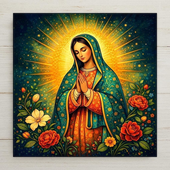 Virgin Mary Wall Art Ceramic Tile – Mexican Folk Inspired Marian Decor Catholic Christian Home Decor Religious Gift