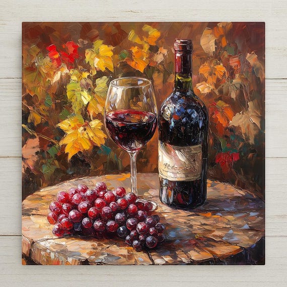Rustic Autumn Vineyard Ceramic Tile Art: Handcrafted Wine Decor for Tuscan-Inspired Spaces
