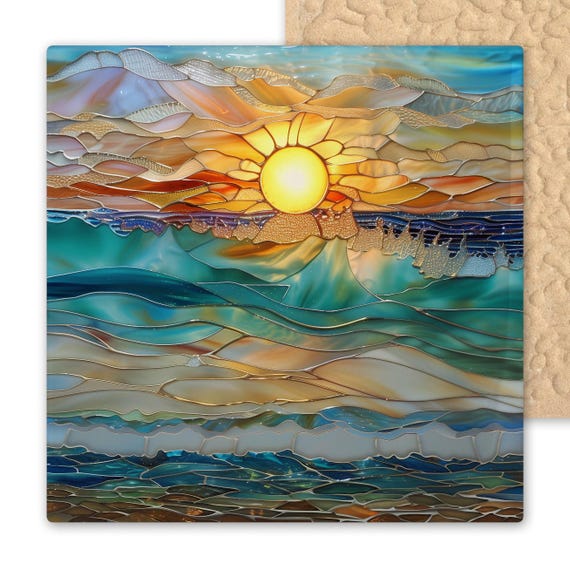 Amber & Aqua Sunset Ocean Waves Ceramic Tile Art - Stained Glass Style Coastal Wall Decor