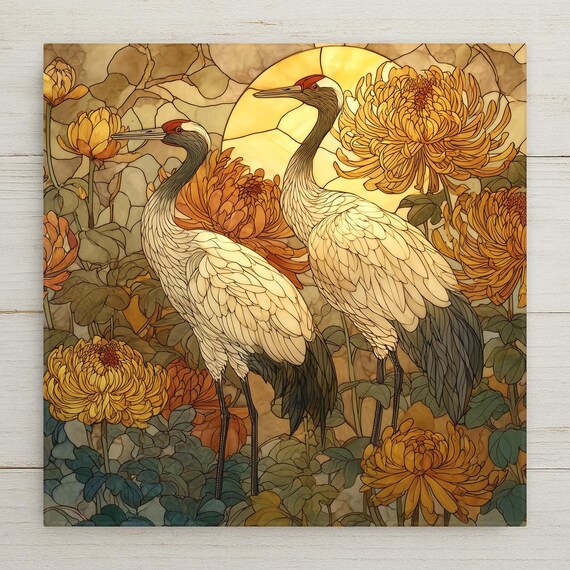 Cranes and Chrysanthemums Ceramic Tile Art in Stained Glass Style – Golden Crane Wall Art for Elegant Wall Decor and Nature Home Decor