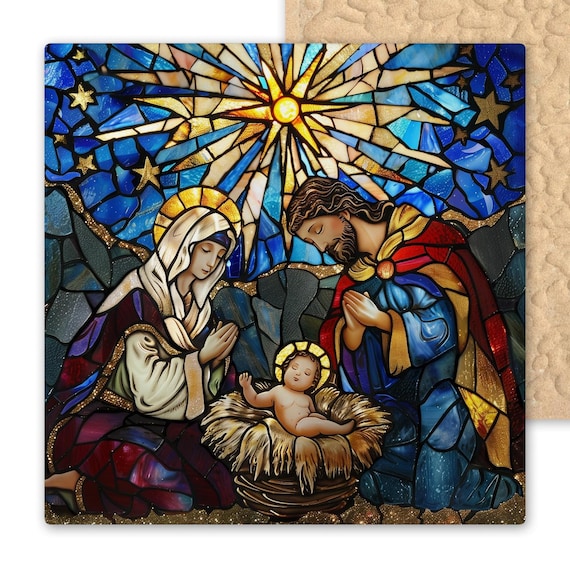Stained Glass Nativity Ceramic Tile Art: Holy Family Christmas Decor