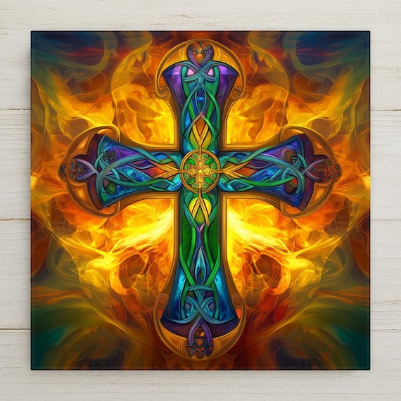Vibrant Celtic Cross Ceramic Tile: Irish Christian Wall Art Inspired by Stained Glass