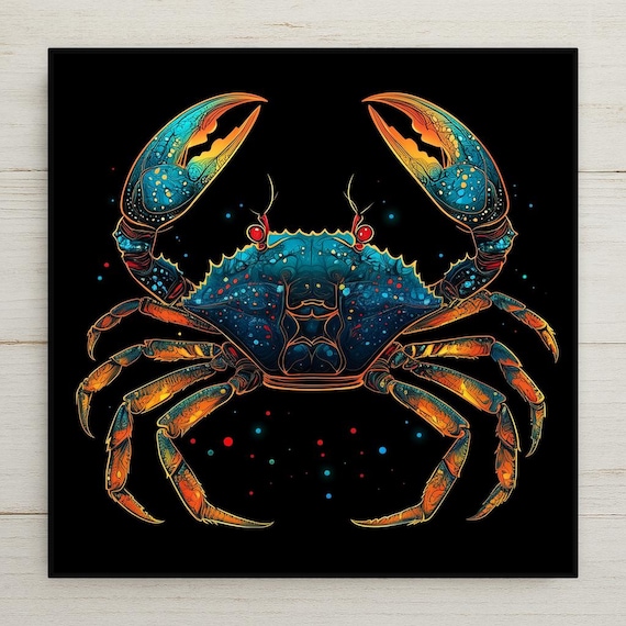 Vibrant Cancer Zodiac Crab Ceramic Tile: Neon Astrology Wall Art & Celestial Home Decor Gift