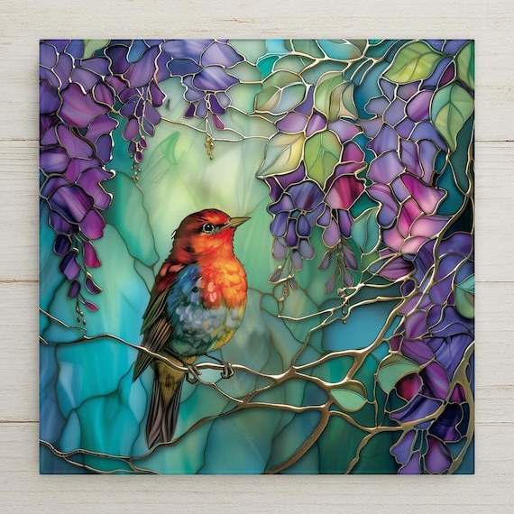 Red Robin Art: Ceramic Tile Stained Glass Style Inspired Garden Wall Decor