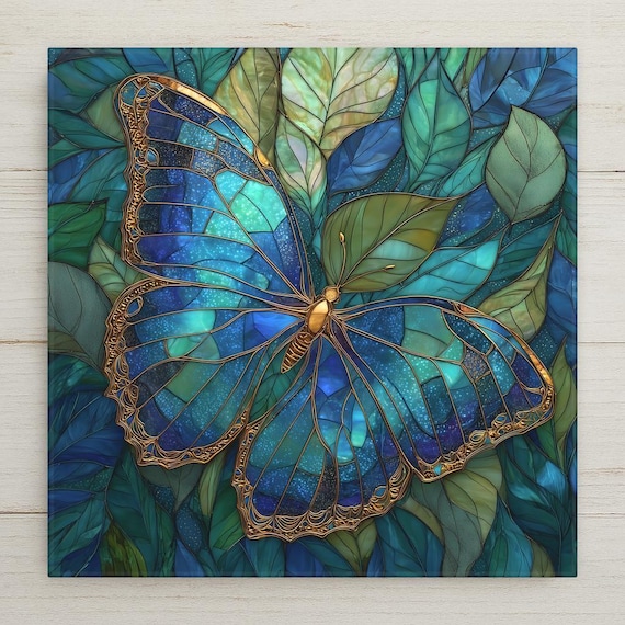 Blue Butterfly Ceramic Tile Wall Art – Stained Glass Style Nature Design, Elegant Home Decor, Botanical Wall Decor Gift for Butterfly Lovers