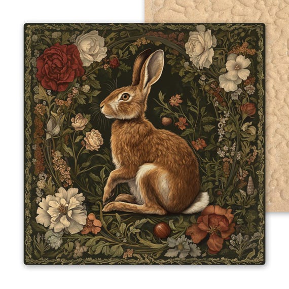 Rabbit Ceramic Tile Art Nouveau Wall Decor Hare Vintage Tile William Morris Inspired Woodland Bunny Lovers