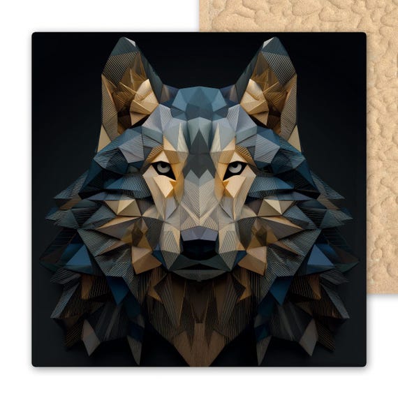 Geometric Wolf Wall Art Ceramic Tile Stained Glass Style Modern Animal Decor Wilderness Spirit Gift for Nature Lovers Rustic Woodland Accent