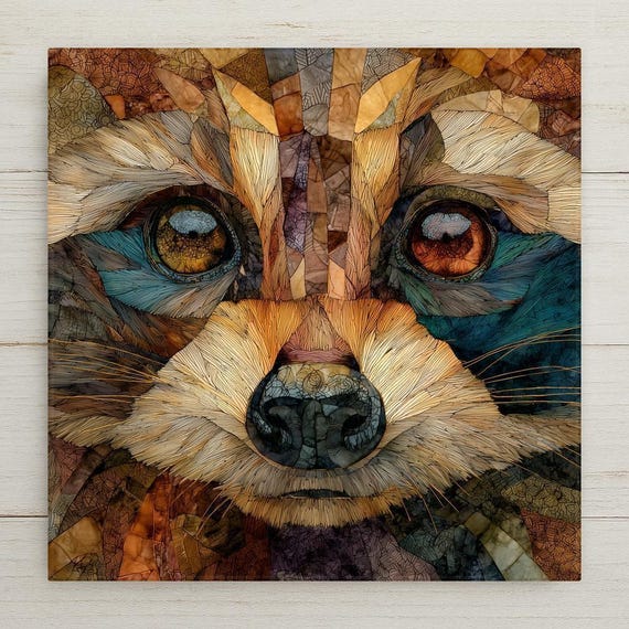 Raccoon Ceramic Tile Woodland Animal Wall Art Stained Glass Style Nature Inspired Rustic Cabin Decor Wildlife Portrait Decorative Tile