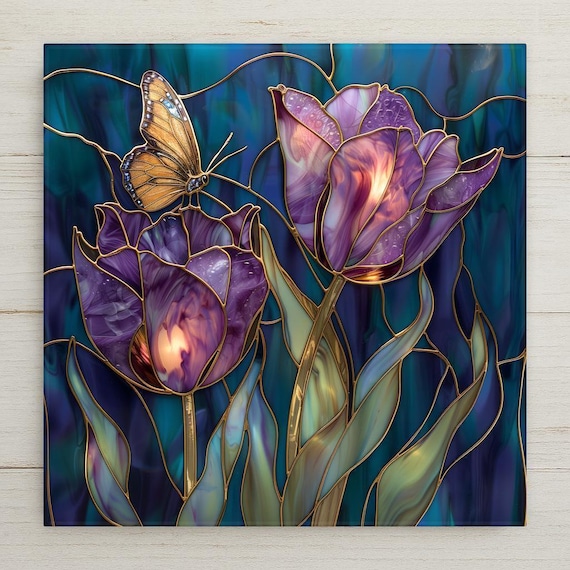 Purple Tulip Wall Art Ceramic Tile – Stained Glass Butterfly Floral Decor, Violet Botanical Home Decor, Elegant Spring Wall Decor