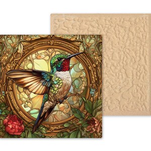 Handcrafted hummingbird ceramic tile in Art Nouveau style with stained glass floral design. Optional tile hanger, stand, or cork backing available.