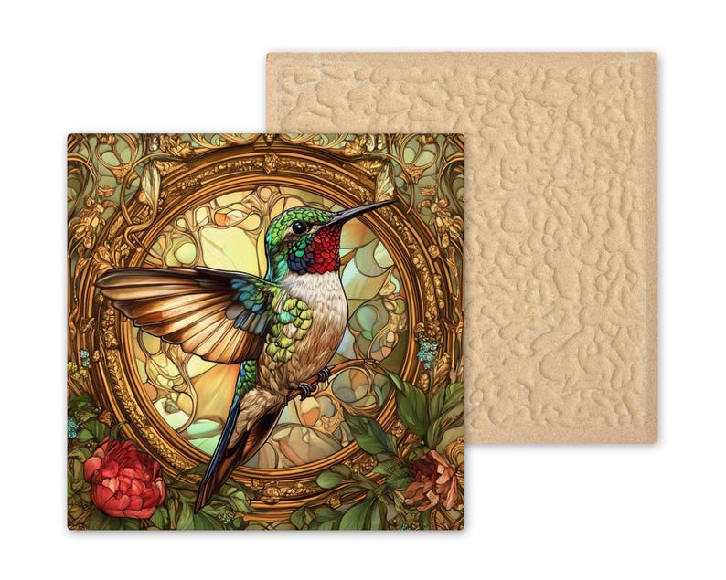 Handcrafted hummingbird ceramic tile in Art Nouveau style with stained glass floral design. Optional tile hanger, stand, or cork backing available.