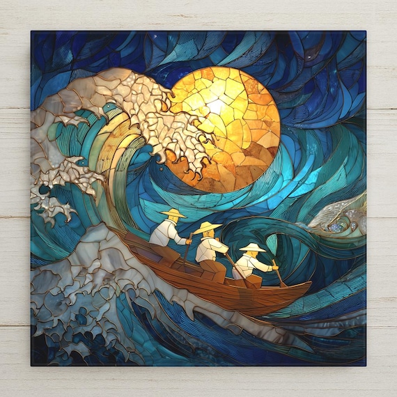 Fishermen at Sea Ceramic Tile Wall Art – Stained Glass Ocean Wave Decor, Nautical Home Decor, Coastal Wall Art, Beach House Gift Tile