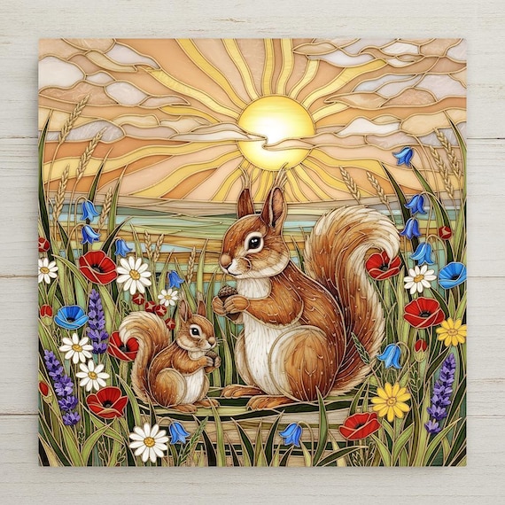 Squirrel Ceramic Tile Wall Art – Stained Glass Style Rustic Cabin Woodland Wildlife Decor, Nature Lover Gift