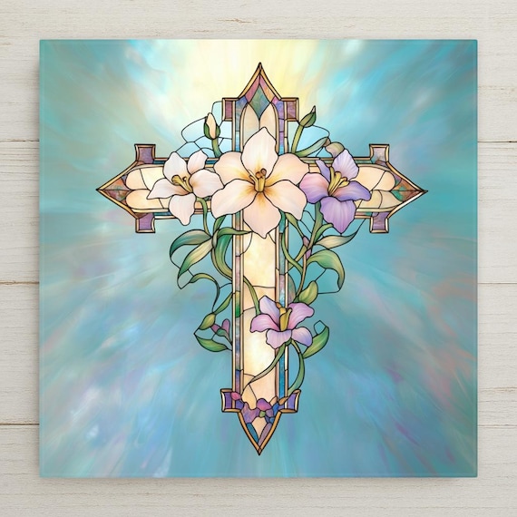 Art Nouveau Easter Lily Cross Tile: Elegant Christian Wall Decor for Faith-Inspired Home