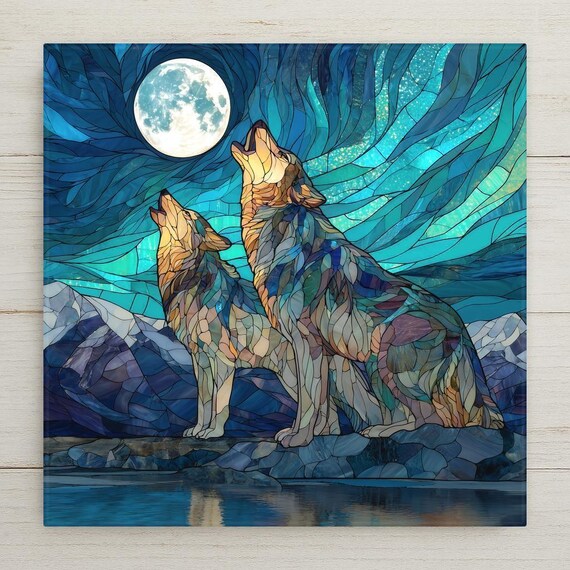 Howling Wolves Ceramic Tile Wall Art – Stained Glass Moonlit Wilderness Design, Rustic Wildlife Home Decor, Nature Inspired Wall Decor