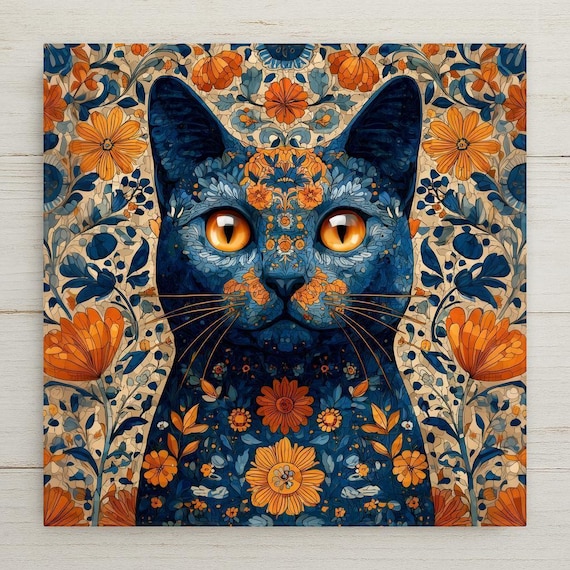 Floral Cat Ceramic Tile Wall Art Stained Glass Style Orange Blue Feline Boho Pet Lover Gift Talavera Whimsical Home Decor