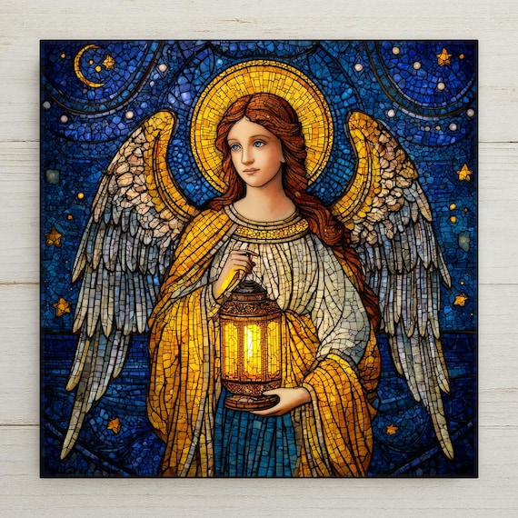 Angel Lantern Ceramic Tile Wall Art – Stained Glass Style, Spiritual Home Decor & Inspirational Gift, Illuminated Guardian Design Wall Decor