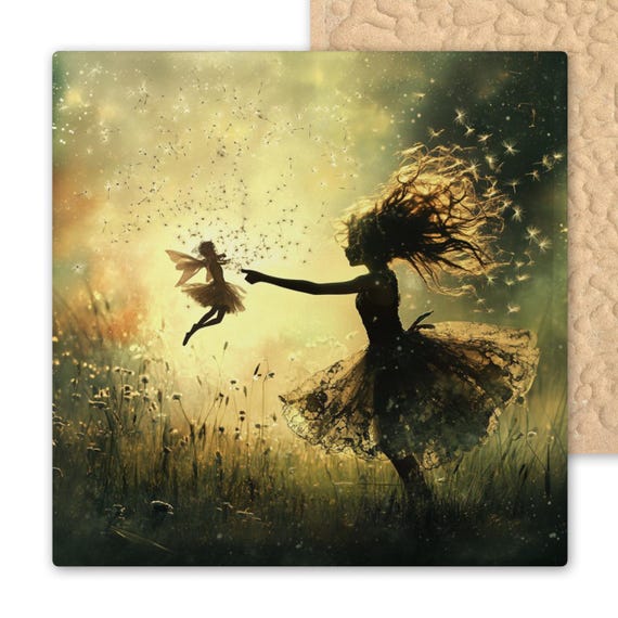 Enchanting Fairy Ceramic Tile Wall Art: Whimsical Dandelion Dance Fantasy Decor for Fairycore Home