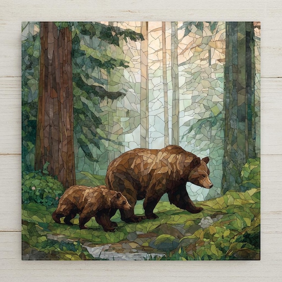 Bear and Cub Ceramic Tile Wall Art – Stained Glass Style Woodland Home Decor, Mother Bear and Baby, Meaningful Family Gift